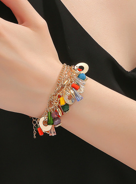 跨境货源欧美热销时尚波西米亚玻璃水晶混彩色多层串珠链条手链女