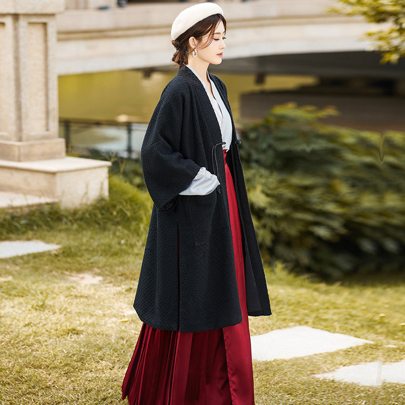 泠栖塘原创改良汉服元素宋制对襟直领长褙子毛呢披风大衣冬季外套