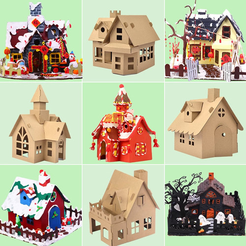 手工diy涂色纸盒房子拼插小屋