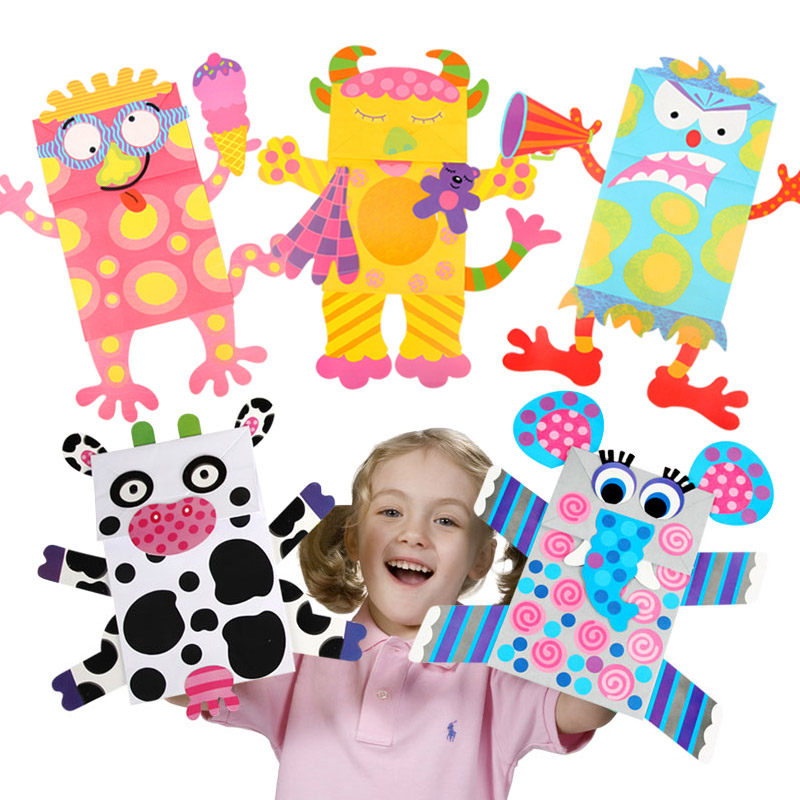 儿童纸袋手偶手工diy创意纸偶贴纸画幼儿园手工材料包粘贴画玩具