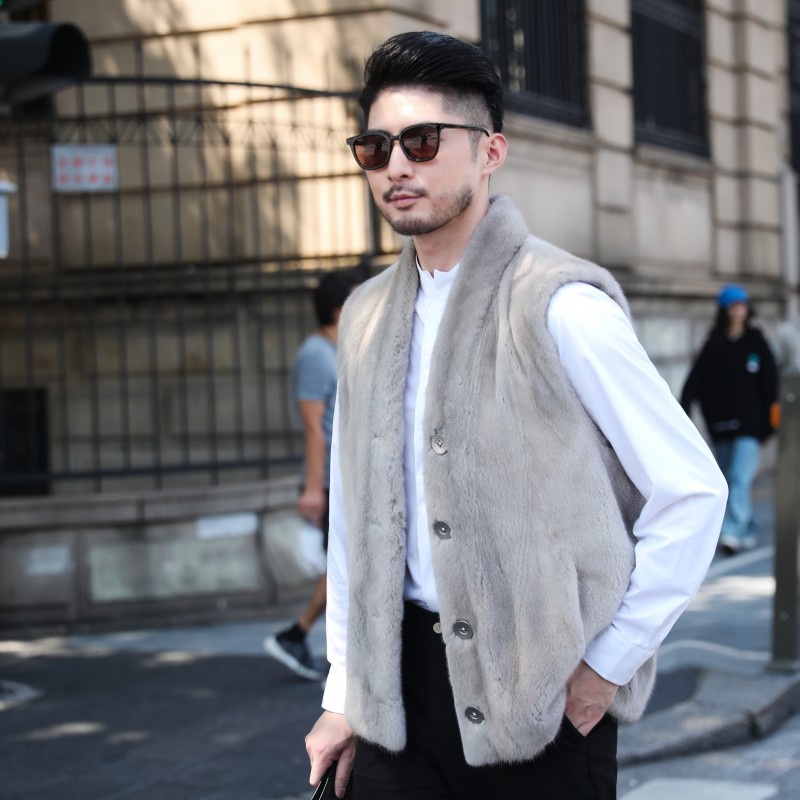 丹麦紫标级银蓝貂立领纽扣马甲男