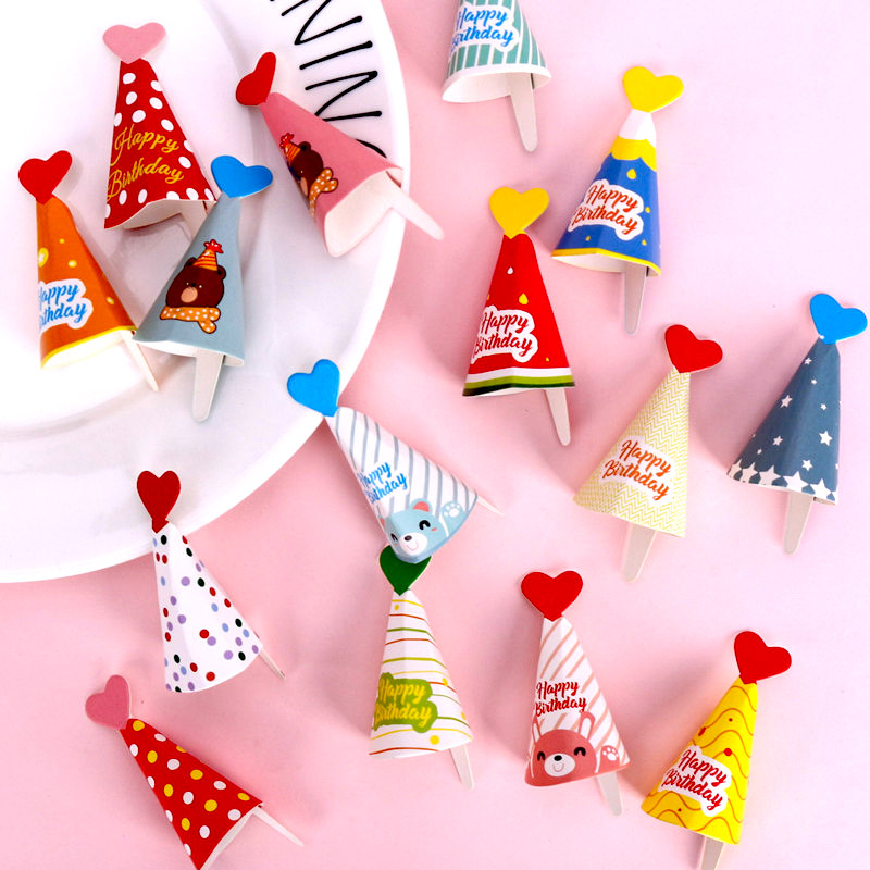 包邮90个烘焙蛋糕装饰儿童七彩格子笑脸迷你生日帽子插牌奶油小熊