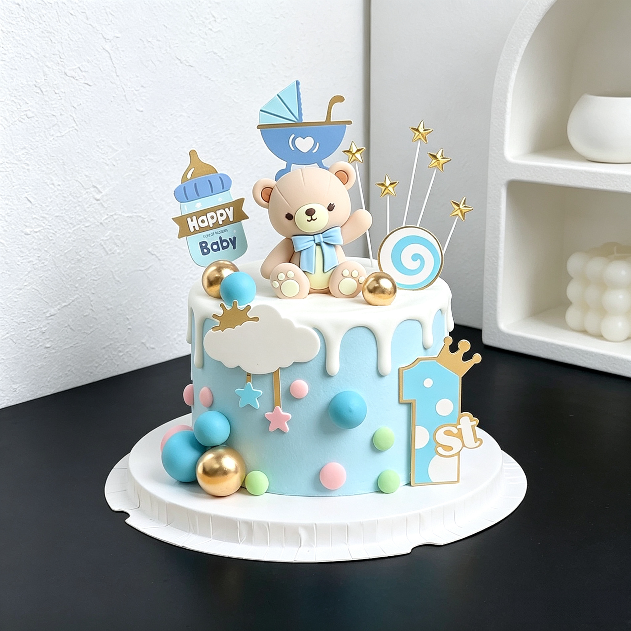 卡通蓝色主题小熊宝宝生日插牌
