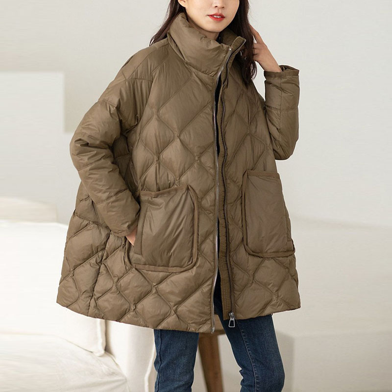 菱形格羽绒服女小个子中长款2023冬季压线口袋纯色文艺白鸭绒外套