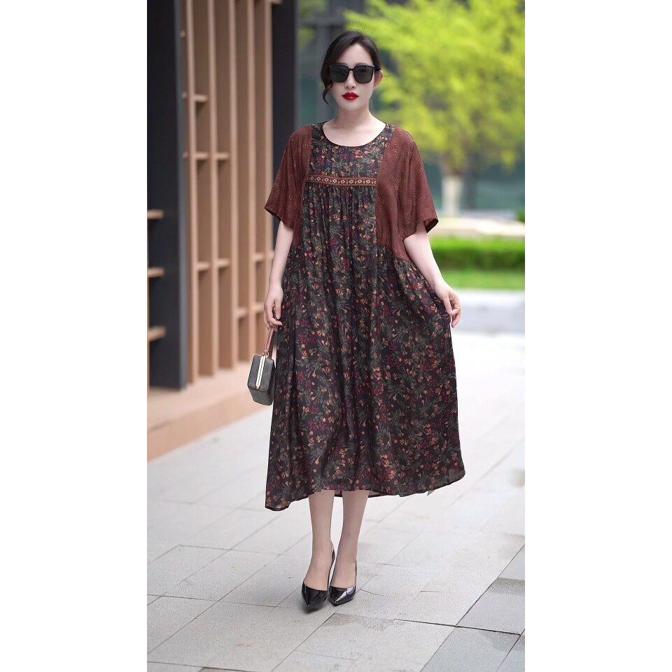 十地女装2024夏新款国复古圆领铜氨丝连衣裙大码宽松显瘦拼接长裙