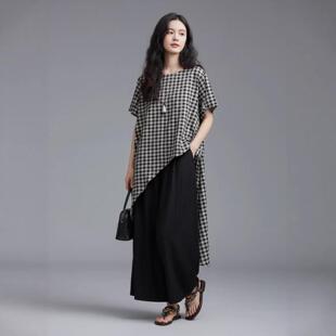 欧美外贸棉麻不规则格子上衣中长款宽松前短后长个性设计女短袖恤