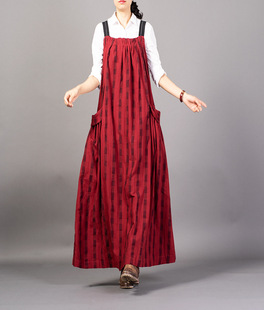 背心裙宽松系带文艺连衣裙 棉麻格子个性 娜娜家2018秋季 原创女装