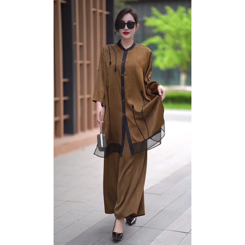 十地女装2024夏季复古风真丝上衣阔腿裤两件套阔太太洋气高贵套装