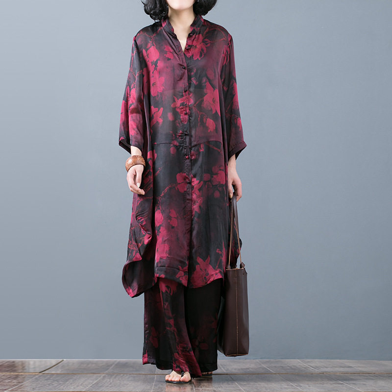 娜娜家金兆成正品2018新款真丝缎显瘦立领女装上衣+阔腿裤两件套