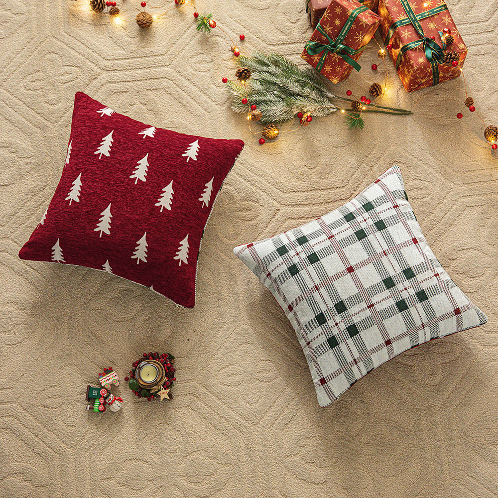 圣诞树提花抱枕双面拼接撞色雪尼尔抱枕套圣诞节氛围感装饰靠垫