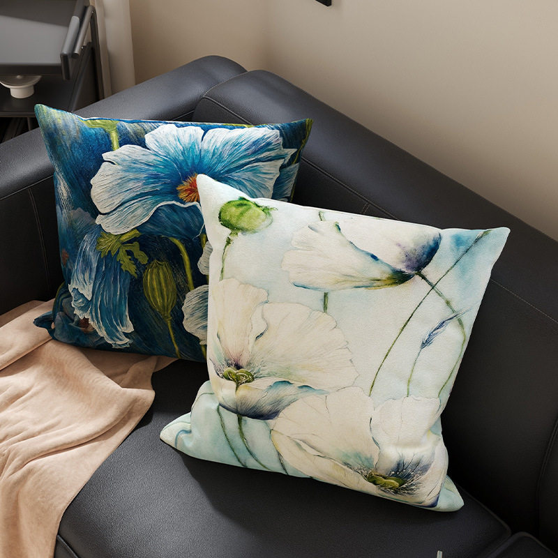 蓝色花卉油画风抱枕套艺术感靠垫套沙发卧室抱枕套含芯,居家布艺,抱枕被,淘宝优惠券,粉丝福利购,淘宝优惠卷
