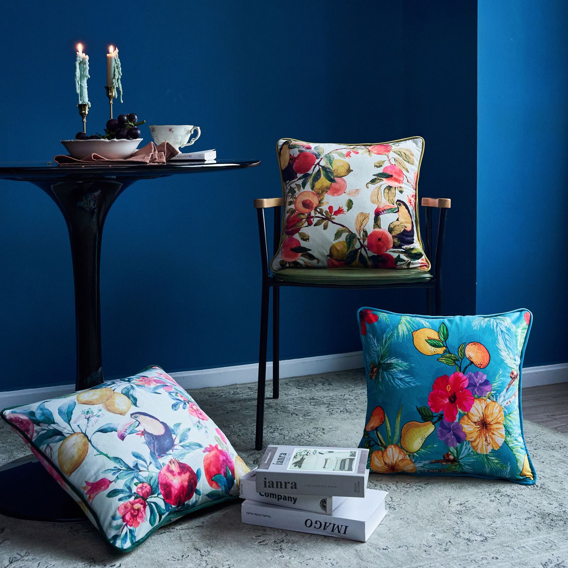 创意款毛绒数码印花靠垫套 现代简约客厅涤纶花鸟抱枕套靠枕腰枕