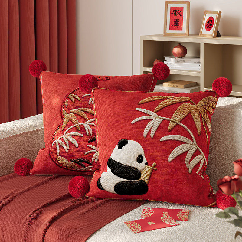 红色马年熊猫喜庆抱枕套客厅沙发靠背靠垫腰枕卧室床头新年可拆洗,居家布艺,抱枕被,淘宝优惠券,粉丝福利购,淘宝优惠卷