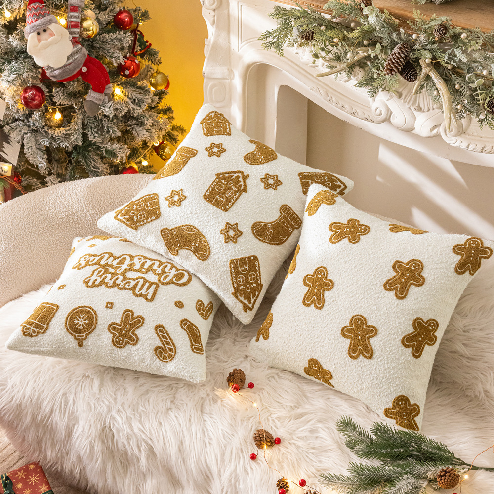 圣诞节刺绣圈圈纱抱枕沙发靠枕靠垫姜饼人装饰格子抱枕套不含芯