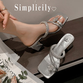 细带水钻粗跟花朵方头白色精致高跟拖鞋 套趾凉拖鞋 女外穿新款 潮