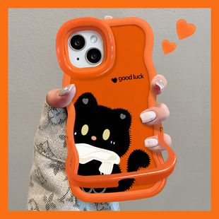 适用苹果17promax手机壳新女款 findx9橙色x300magic8小米17 iphone16华为mate80隐形双支架p70围巾黑猫reno15