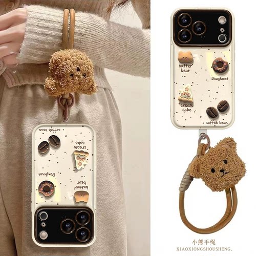 适用苹果17promax手机壳新女款iPhone16/15plus全包防摔14/13咖啡公仔挂绳12大视窗11软硅胶xs翻盖镜子保护套