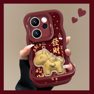 9隐形双支架7 12酒红色新年10 6软硅胶Findx9pro波浪边超火 发财暴富马13 适用于OPPOReno15Pro手机壳14新女款