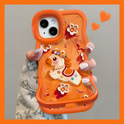 适用全型号油画小马橙色手机壳