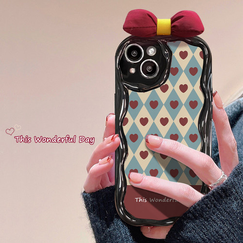 新品上市，奶油纹酒红爱心蝴蝶结手机壳