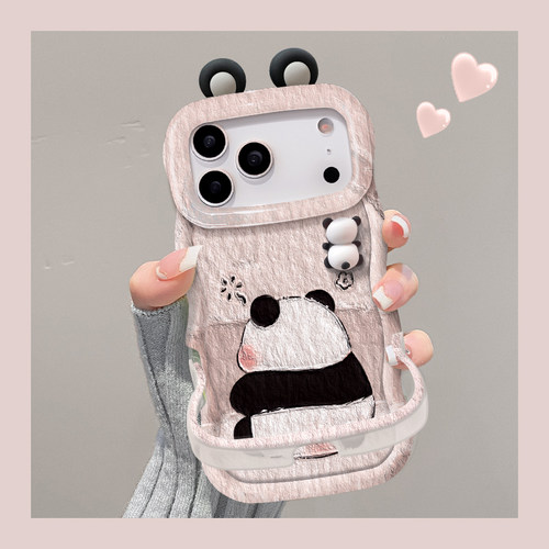 适用于苹果17promax手机壳新款iPhone16肌理熊猫15plus透明14/13隐形双支架一体软硅胶12创意11全包保护套xs