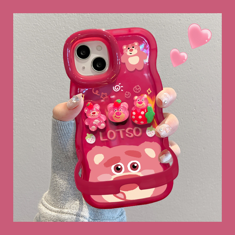 适用苹果15promax手机壳16新女款iPhone14/13可爱草莓熊公仔隐形双支架11/12硅胶xs/xr可爱防摔保护套波浪边