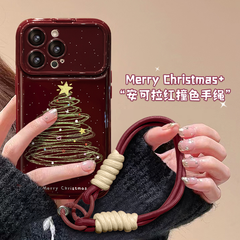 适用苹果16promax手机壳新年女款硅胶iPhone15红色14保护套13/12mini圣诞树挂绳大视窗8/7plus秋冬11翻盖镜子
