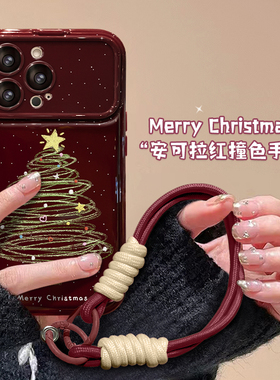 适用苹果17promax手机壳iphone16/15新年女款硅胶14保护套13/12mini圣诞树挂绳大视窗8/7plus酒红11翻盖镜子