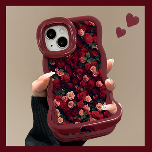 适用苹果17promax手机壳iphone16满屏玫瑰华为mate80/pura70新年女款x300隐形双支架reno15/findx9酒红小米17