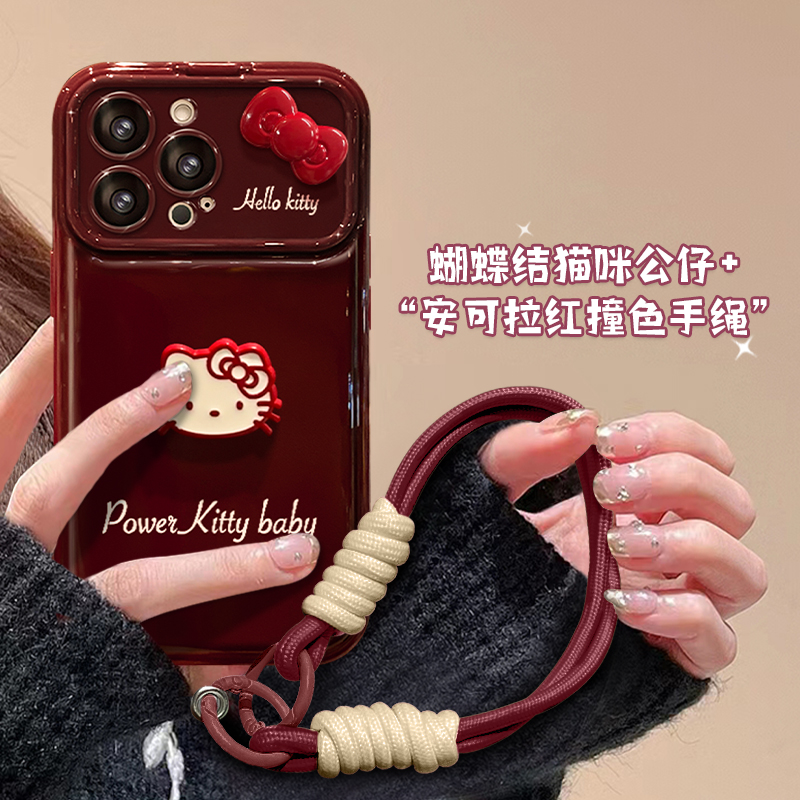 适用苹果16promax手机壳新年女款iPhone15酒红色14蝴蝶结13/12mini蝴蝶结猫咪挂绳8/7plus秋冬11翻盖镜子软套