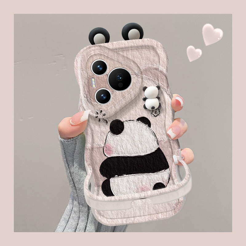 适用华为pura70手机壳新女款高级感pura70pro+隐形双支架硅胶p70肌理画熊猫公仔p70pro创意防摔保护套全包ins