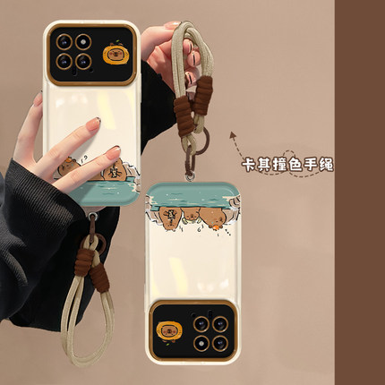 适用小米14手机壳小米13/10s卡皮巴拉挂绳小米12大视窗k70/60pro翻盖镜子note12/11新女款k50/k40pro保护套5g