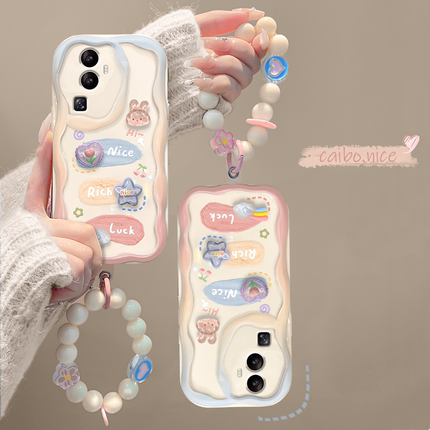 适用opporeno10手机壳reno12奶油纹11新女款reno9/8pro+透明findx7/6立体小兔公仔链条r17/15防摔硅胶保护套