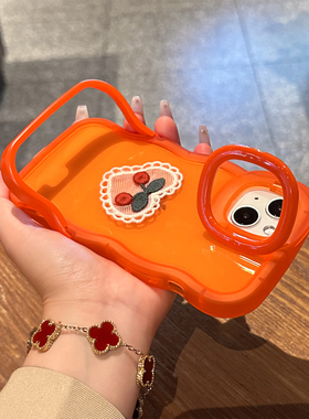 适用于苹果17promax手机壳新款iPhone16樱桃爱心15plus全包防摔14/13隐形双支架软硅胶12公仔11创意橙色套xs