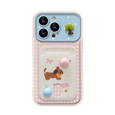 适用苹果13pro手机壳16新女款iPhone15promax/14保护套11/12mini小狗卡包挂绳xr大视窗8/7plus硅胶xs翻盖镜子