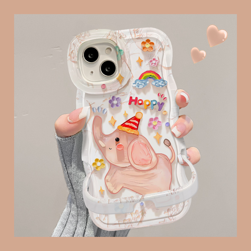 适用于苹果13手机壳新女款iPhone16/15promax满屏油画小象11隐形双支架12软硅胶xs防摔xr保护套14plus波浪边