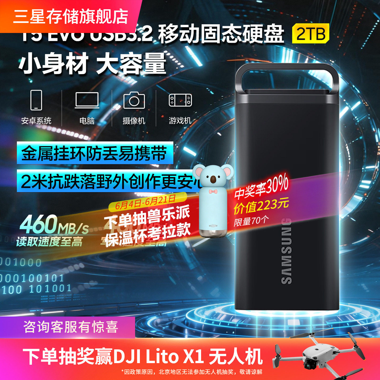 三星T5 EVO移动固态硬盘2T USB3.2电脑安卓手机平板两用外置PSSD