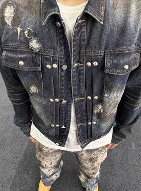 ThugClub25ss美式复古泥染水洗破坏做旧牛仔夹克男女百搭短宽外套