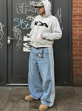 HCW高街冰蓝美式牛仔裤男款水洗宽松蓝色刺绣垂感baggy阔腿裤潮