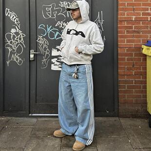 HCW高街冰蓝美式牛仔裤男款水洗宽松蓝色刺绣垂感baggy阔腿裤潮