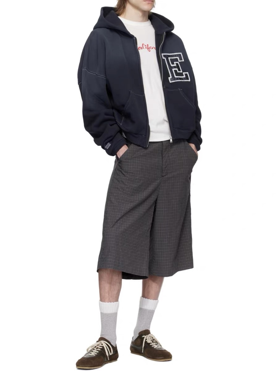 thumbnail for ERL 25ss new short wide casual zip hooded sweatshirt letter embroidery niche washed old sweatshirt loose