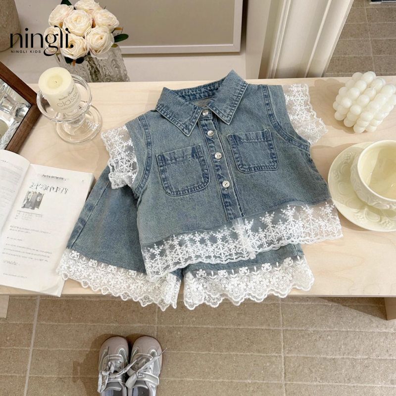 【柠里】2025夏季女童韩版蕾丝边牛仔套装夏装新款马甲短裤两件套