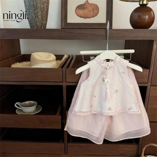 【柠里】粉粉樱桃！女宝宝新中式国风甜美刺绣背心直筒裤套装潮款