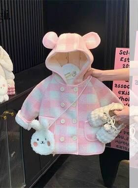 柠里小孩子外套新款冬装小女孩韩版毛呢大衣加绒加厚格子上衣跨境