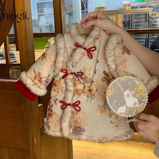 柠里汉服女童秋冬国风拜年服儿童棉衣外套加厚古装新中式唐装棉服