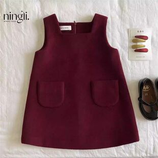 柠里女童连衣裙新款冬装儿童宽松百搭保暖毛呢背心裙宝宝新年礼服