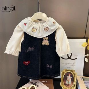 柠里女童25春秋冬季 卡通小熊水洗牛仔裙洋气两件套 新款 翻领衬衫