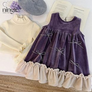 柠里女童秋冬季丝绒连衣裙儿童加绒公主裙子小女孩高级感生日礼服