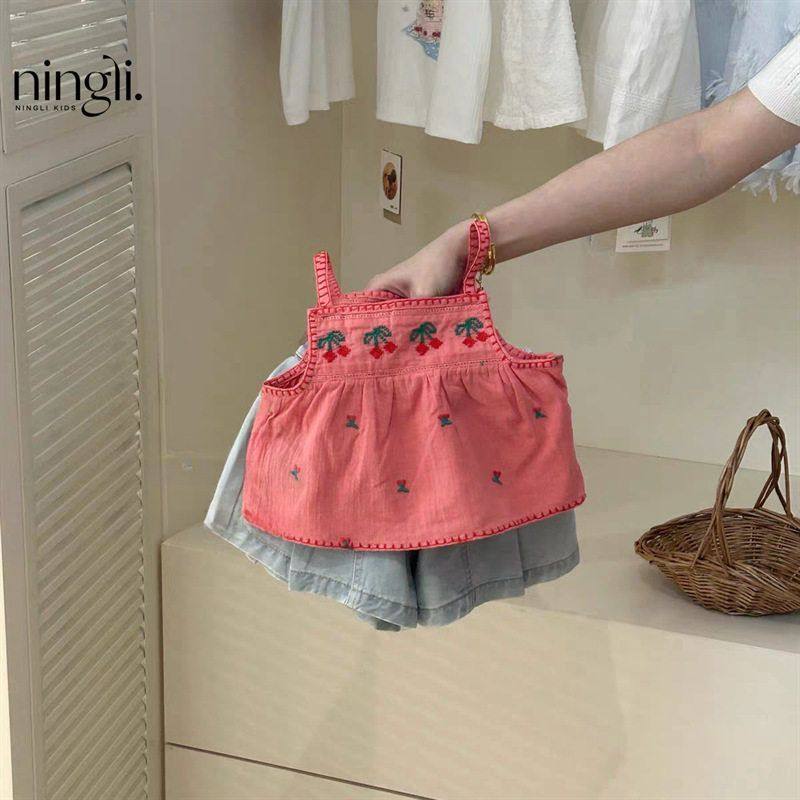 柠里韩系女童绣花吊带衫夏季新款女童樱桃背心洋气牛仔短裤套装潮 - 封面