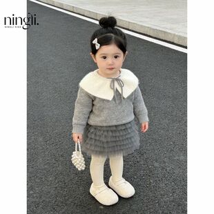 柠里女童冬季新款舒适小香风灰色毛衣女宝宝加绒蛋糕裙洋气两件套